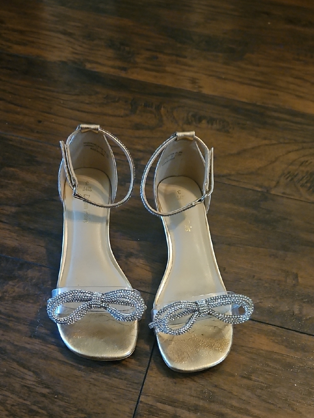 Little Girl Gold Ankle-Strap Heeled Sandals with Crystal Bow